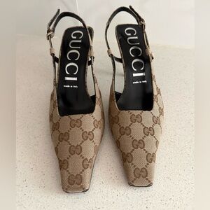 Gucci GG Square Toe Slingback Kitten Heel Pumps EU 39 US 9